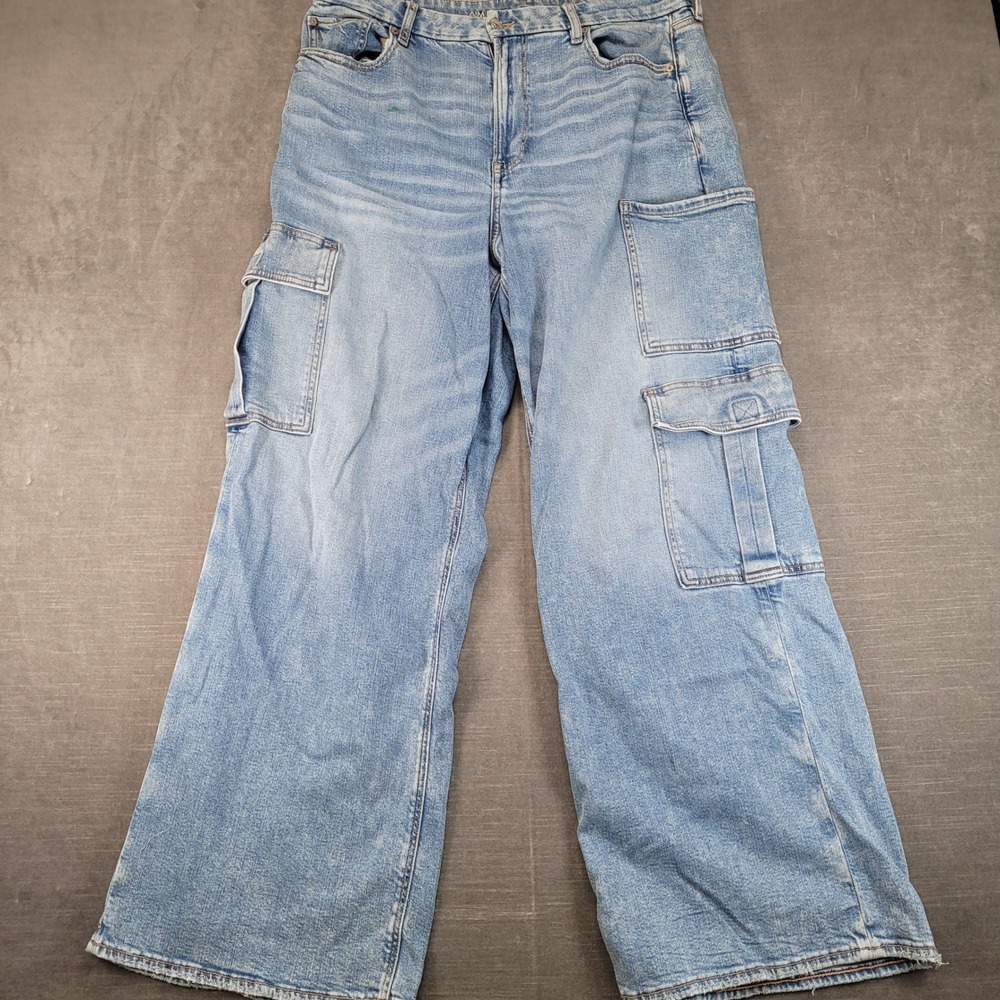 American Eagle Cargo Jeans Womens 17 Blue Curvy Super High Rise Baggy Wide Leg